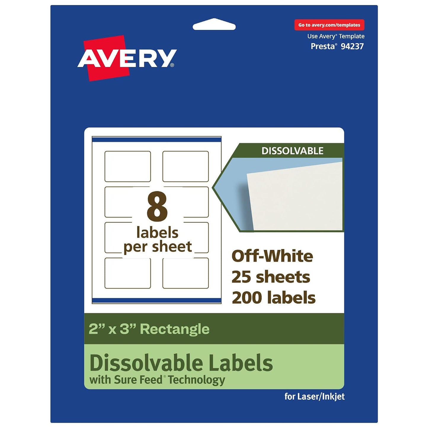 Avery Dissolvable Rectangle Labels, Sure Feed Technology, 2" x 3", Matte White, Print-to-The-Edge, Laser/Inkjet Printable, 40 Labels Total