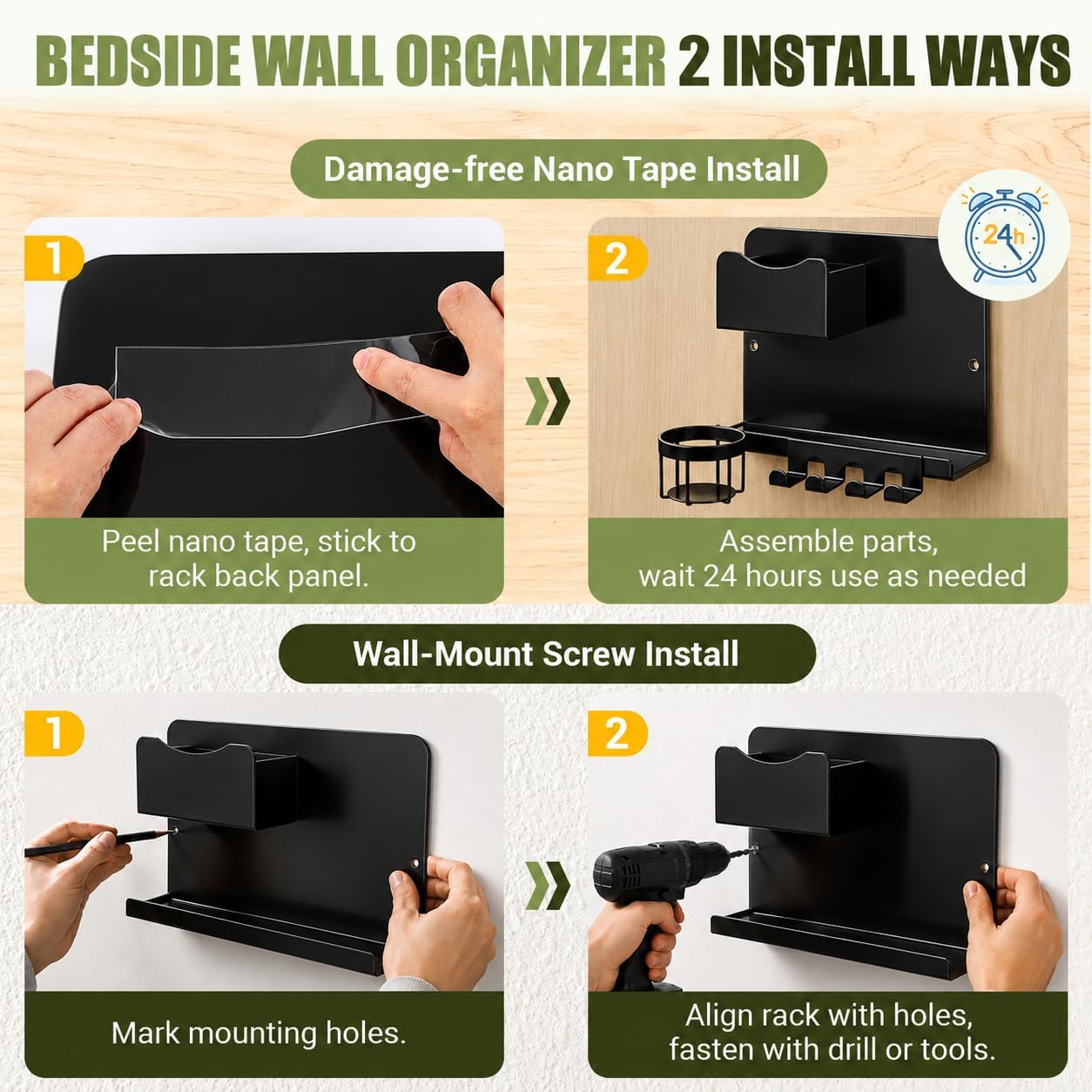 Floating Bedside Wall Shelf, Metal Bedside Wall Organizer with Detachable Cup Holder, No Drill Wall Mounted Storage for Bedroom, Dorm, Loft Bed, Bunk Bed & Small Space Organization