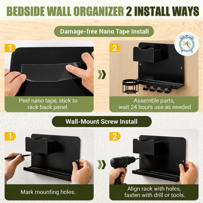 Floating Bedside Wall Shelf, Metal Bedside Wall Organizer with Detachable Cup Holder, No Drill Wall Mounted Storage for Bedroom, Dorm, Loft Bed, Bunk Bed & Small Space Organization