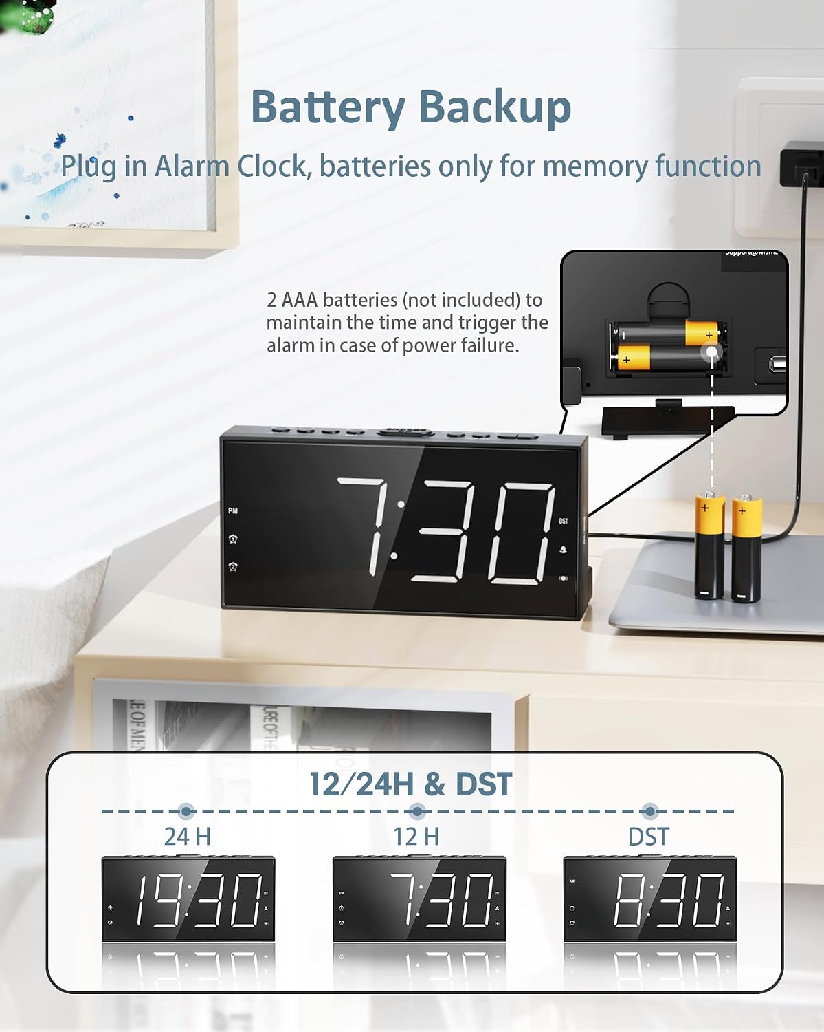 Roxicosly Alarm Clock with Bed Shaker, Vibrating Alarm Clock for Heavy Sleepers/Hard of Hearing/Deaf,Dual Alarms, 7.5’’ Large LED Display, Dimmer, USB Charging Port, Plug-in with Memory Function
