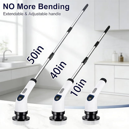 Electric Spin Scrubber for Cleaning with 7 Replaceable Heads | Adjustable Shower Brush with LED Display, 2 Speed Waterproof Cordless Shower Scrubber for Bathtub, Kitchen, Car, White