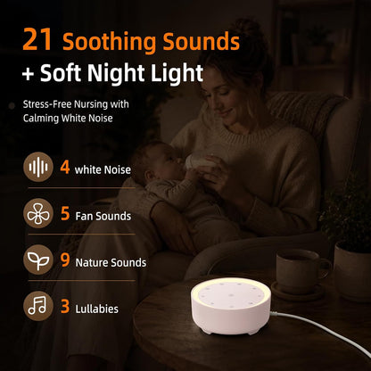 Kipcush White Noise Machine for Sleeping, Baby & Adults, High-Fidelity Non-Looping Sounds, Sleep Sound Machine with Dimmable Night Light, USB Powered, Memory Function, Home, Nursery & Travel