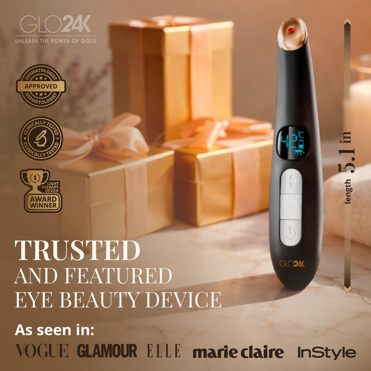 GLO24K Heated Eye Massager Wand with Vibration for Under-Eye Care