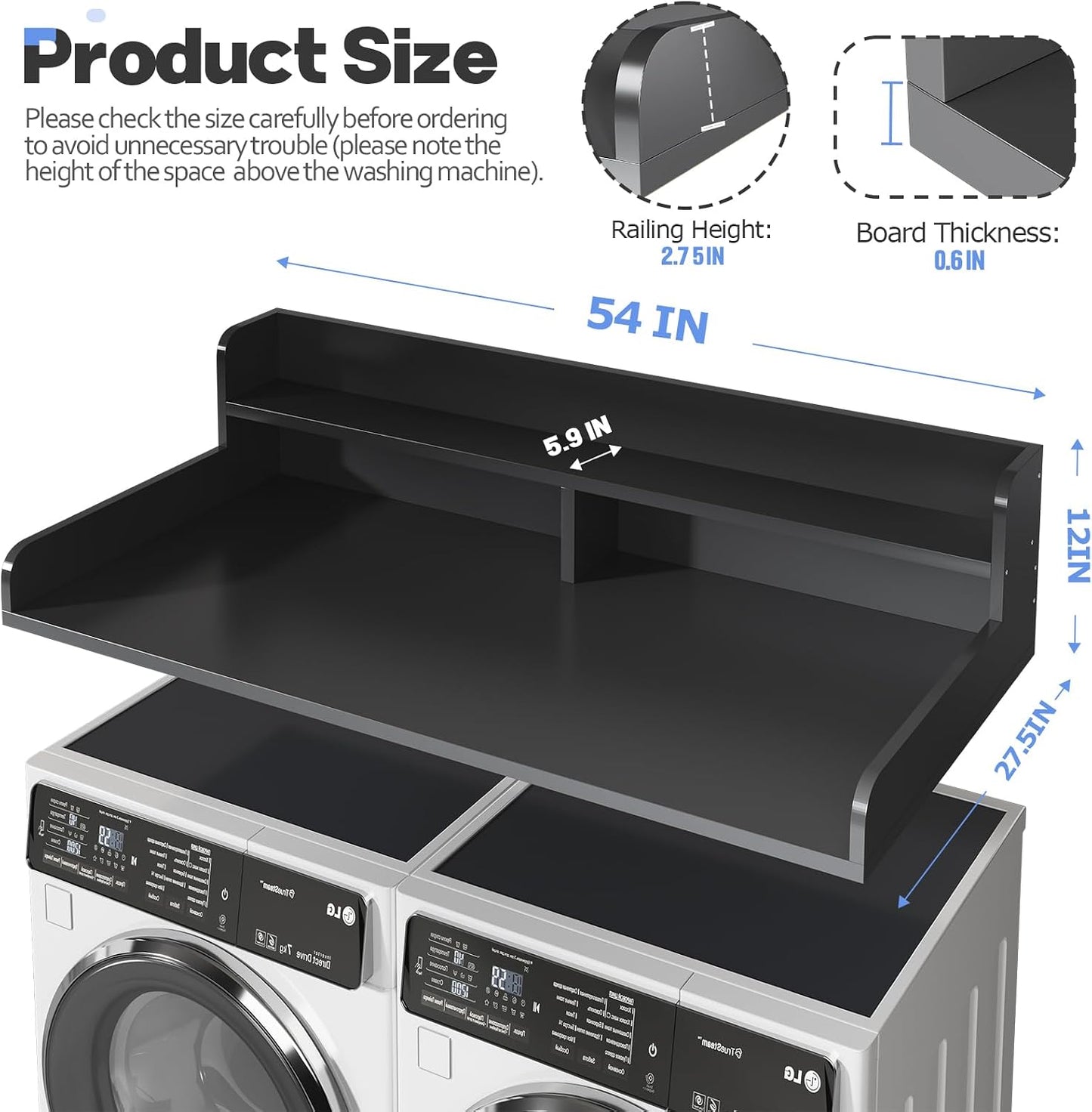 2-Tier Washer and Dryer Countertop with 2.75" H Guard,54" W x 27.5" D Laundry Countertop Cover with Non-Slip Pad,Large Space Laundry Topper for Folding Clothes Over Washer and Dryer-White
