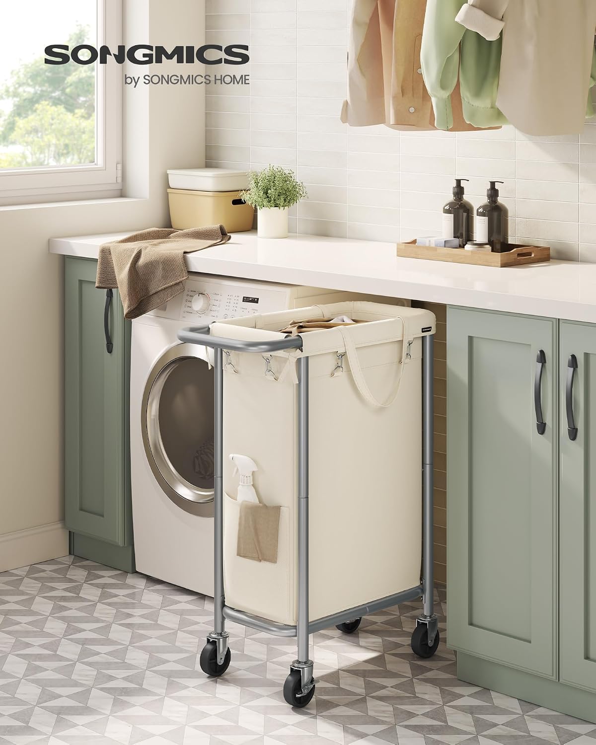 SONGMICS Laundry Basket with Wheels, 4-Section Rolling Laundry Hamper, 68.6 Gallons (260 L), Removable Liner, Steel Frame with Handle, 43.3 x 15.4 x 31.9 Inches, Cream White URLS014W01