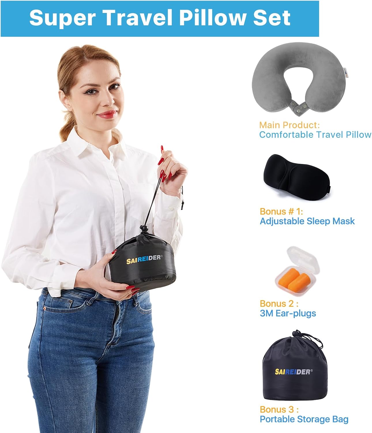 SAIREIDER Travel Pillow 100% Pure Memory Foam Travel Neck Pillow, Airplane Pillow for Traveling、Car、Home、Office，Washable Cover（Black）