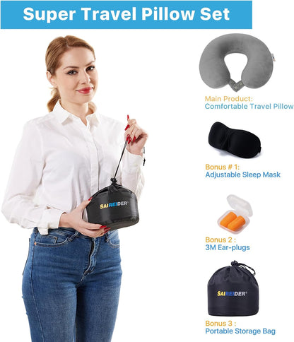 SAIREIDER Travel Pillow 100% Pure Memory Foam Travel Neck Pillow, Airplane Pillow for Traveling、Car、Home、Office，Washable Cover（Black）