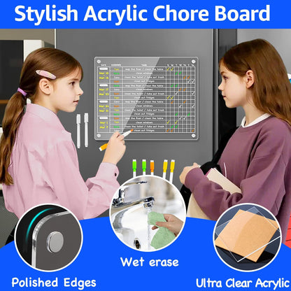 PigPotParty Acrylic Magnetic Chore Chart for Kids, 12x9.5 Inch, 2 Pack | Sleek Clear Acrylic Design, Reward System Builds Habits, Built-In Magnets Require No Installation, 8 Wet-Erase Markers