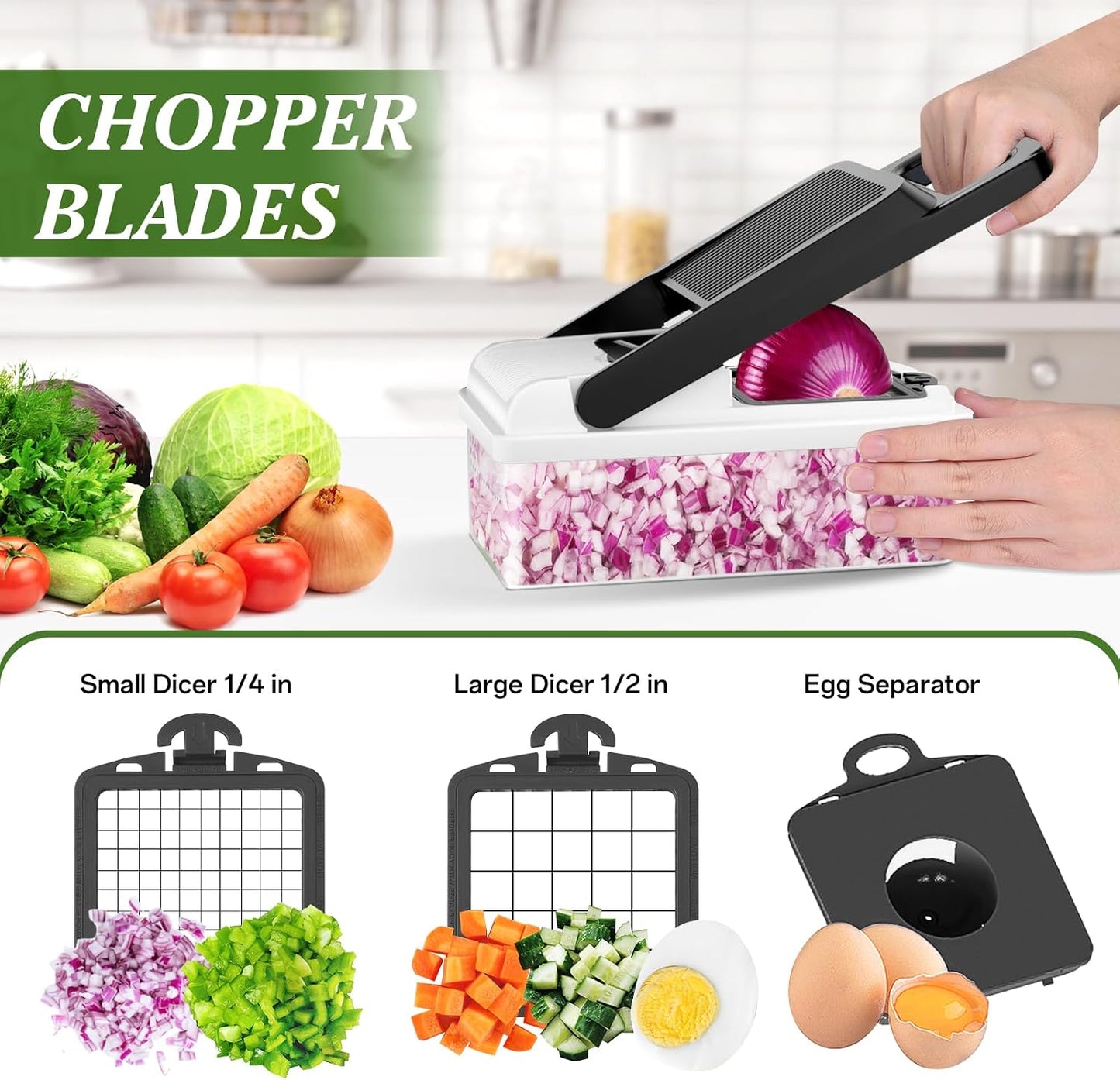 HomeHacks Vegetable Chopper Vegetable Cutter, 12 in 1 Kitchen Gadget, Dicer, Slicer, Onion Cutter, Salad, Cheese Grater & Egg Separator - Multi-Functional Veggie Chopper Lid with Handle (Green)
