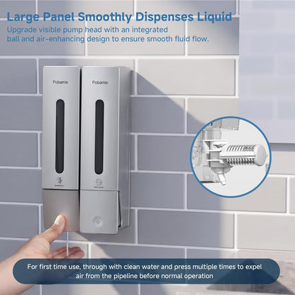 Shampoo Dispenser for Shower - Shower Soap Dispenser Wall Mounted No Drill - Shampoo Body Wash Dispenser 2 Chamber - Easy Install for Bathroom Hotel Silver 800ml