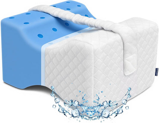 Leg Pillow for Side Sleeping, White & Green | Cooling Gel Memory Foam Knee Pillow for Side Sleepers, Ice Silk Cover & Adjustable Strap, Relieves Hip, Sciatica & Back Pain
