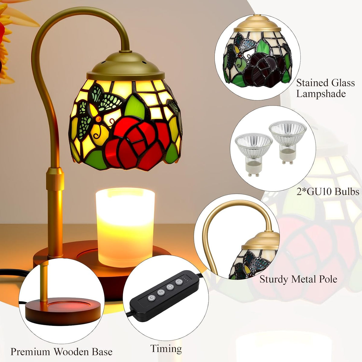 Candle Warmer Lamp - Electric Candle Lamps Timer Dimmer, Sunflower Tiffany Style Stained Glass Candle Warming Lamp Compatible with Jar Candles Valentine Birthday Gifts for Mom Friend Wax Melt Warmer