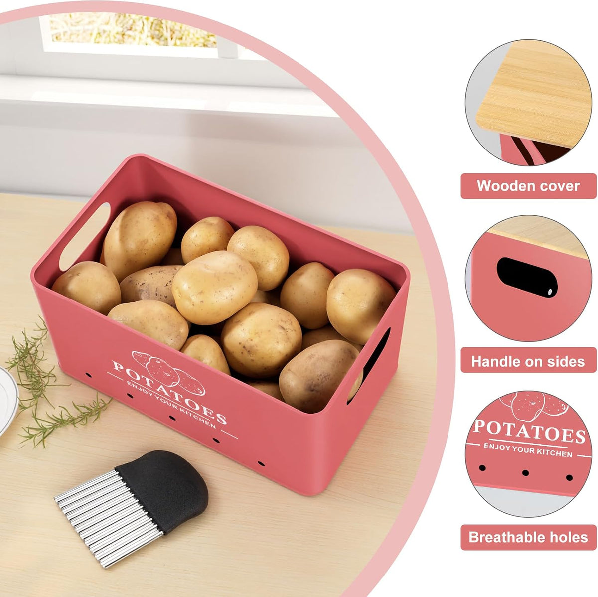 Kitchen Vegetable Storage Set of 3, Metal Onion Garlic Potato Storage Set, Kitchen Canisters Vegetable Keeper Containers with Aerating Holes and Bamboo Lid,Black