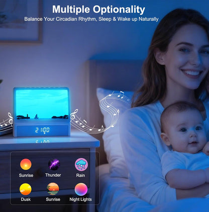 Sunrise Alarm Clock for Bedrooms, White Noise Machine Creative Simulated Sunrise Animation with 7 Modes, 12 Natural Sounds, Music Speaker & Remote, Wake Up Light Sunset Lamp Gifts for Heavy Sleepers