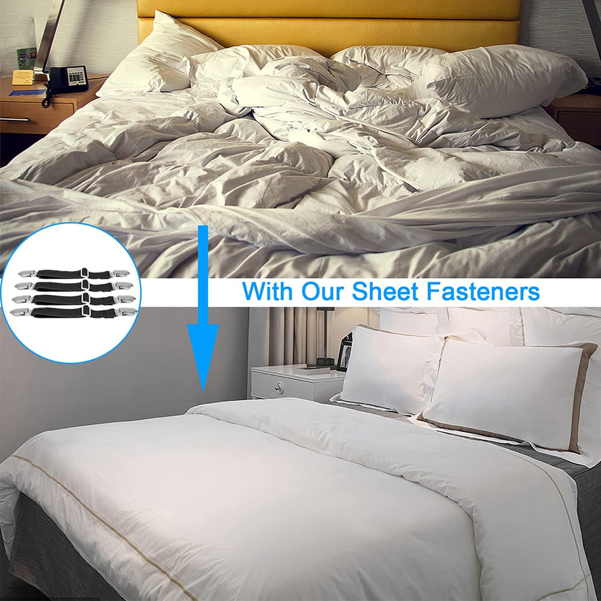 BetyBedy 4Pcs Adjustable Bed Sheet Fasteners Suspenders, Elastic Sheet Band Straps Clips, Cover Grippers Suspenders Holder for Mattress Pad Cover, Sofa Cushion (Black)
