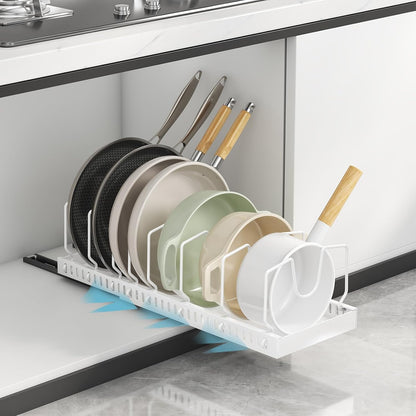 Black 2 Pack Pot Lid Organizer, Pull Out Cabinet Rack, 16 Dividers | 2-pack black carbon steel rack, 16 adjustable dividers, quiet slide rails, adhesive or screw mount for lids, pans, bakeware
