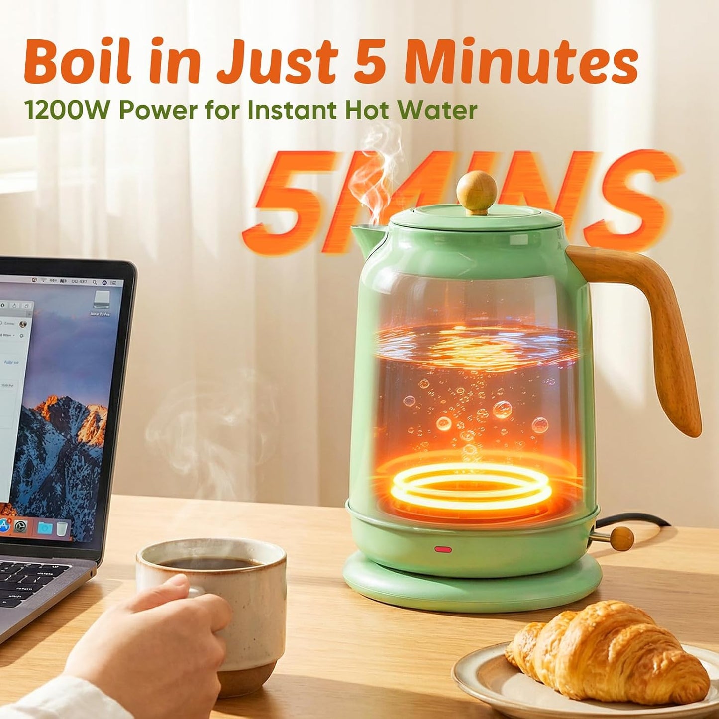 Seehot® Electric Kettle With Thermometer, 1.7L 1200W, Black | Auto shutoff, boil-dry protection,water-contact stainless steel, cordless base for coffee and tea