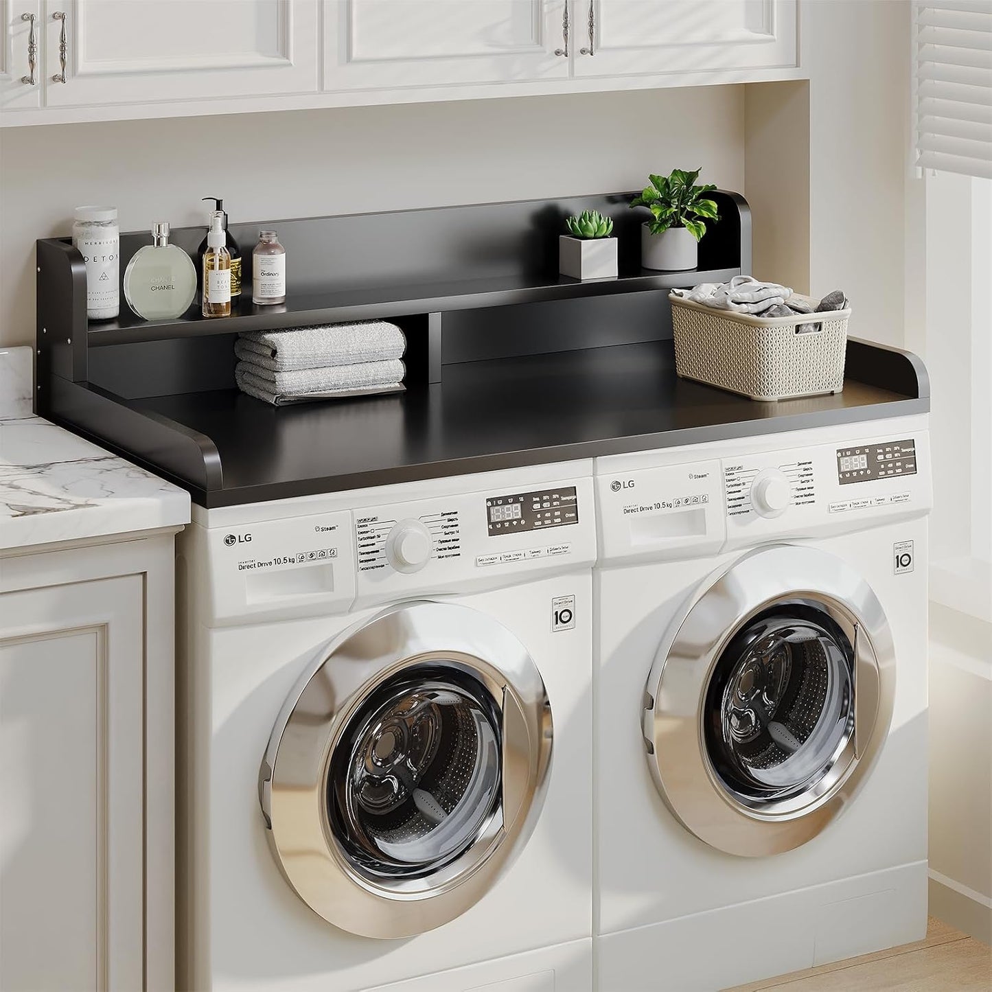 2-Tier Washer Dryer Countertop with 2.75" H Edge Rails, 54" W x 27.55" D Laundry Countertop for Folding Clothes, Washer and Dryer Topper with Non-Slip Pad (Dark Walnut)