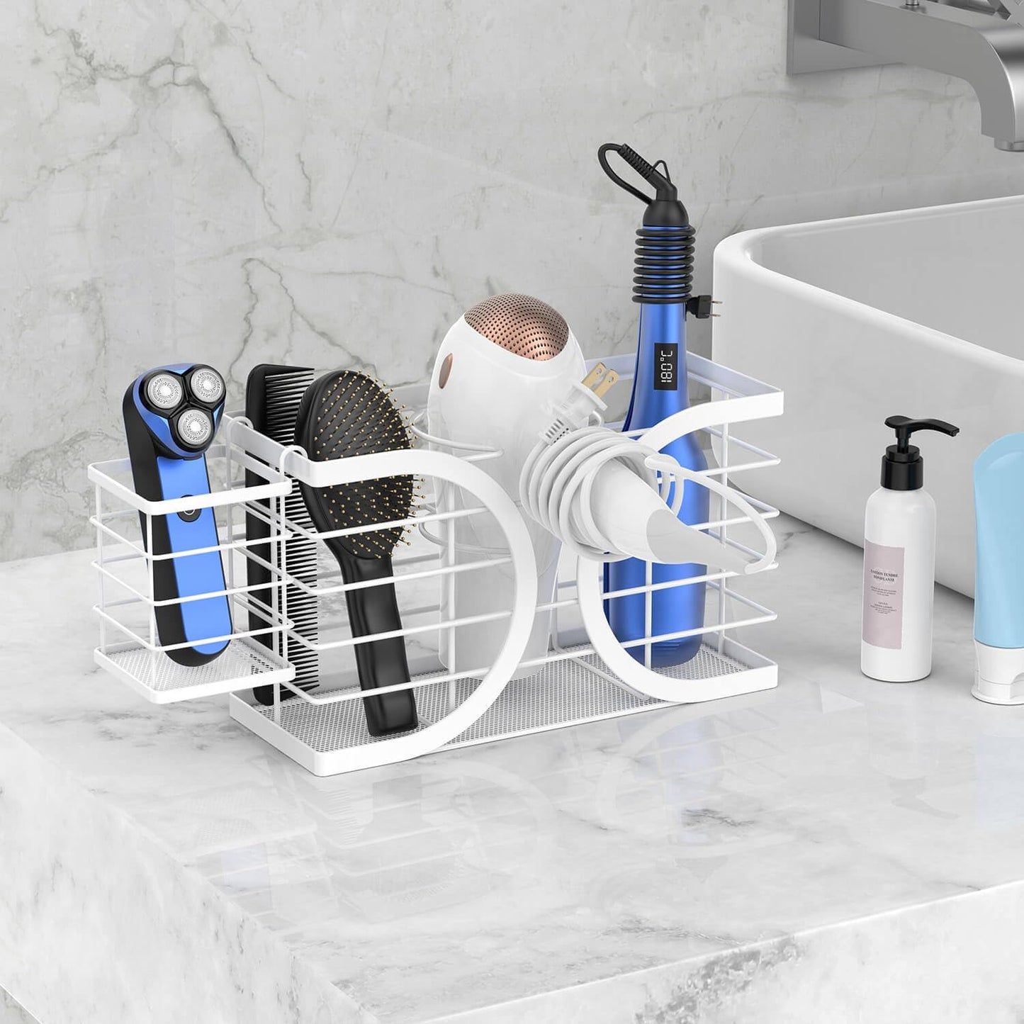 Hair Dryer Holder 3 in 1 Hair Tool Organizer - Blow Dryer Holder | Djustable Height Wall Mounted/Cabinet Door Bathroom Organizer Under Sink for Hair Dryer, Flat Irons, Curling Wands