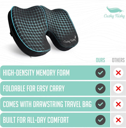 Cushy Tushy Premium Foldable Travel Seat Cushion - for Relief of Lower Back, Sciatic, Butt and Tailbone Pain - for Home & Office Use, Perfect for Travel or Driving - Coccyx Seat Cushion