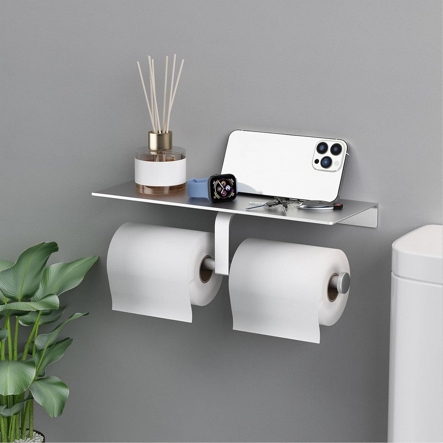 Matte Black Toilet Paper Holder with Shelf, Wall-Mounted Bathroom Organizer, Double Roll