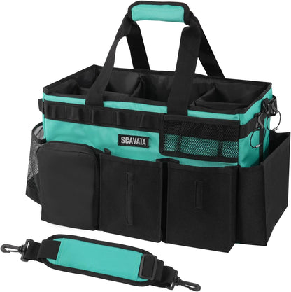 SCAVATA Wearable Cleaning Caddy Bag, Cleaning Caddy Supplies Organizer with Handle & Shoulder Straps for Housekeepers, Under Sink & Car Cleaning Tool Organizers with 4 Foldable Divider (Lake Blue)
