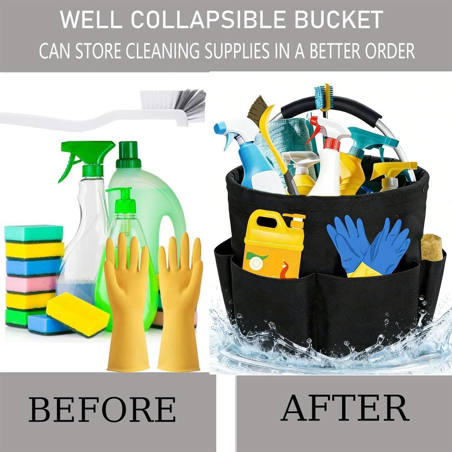 Cleaning Caddy with Handle,Cleaning Supplies 17L Foldable Storage Basket | Portable Multi Bucket Organiser Mop Bucket for Home Garden (Black)-11 x 11inches