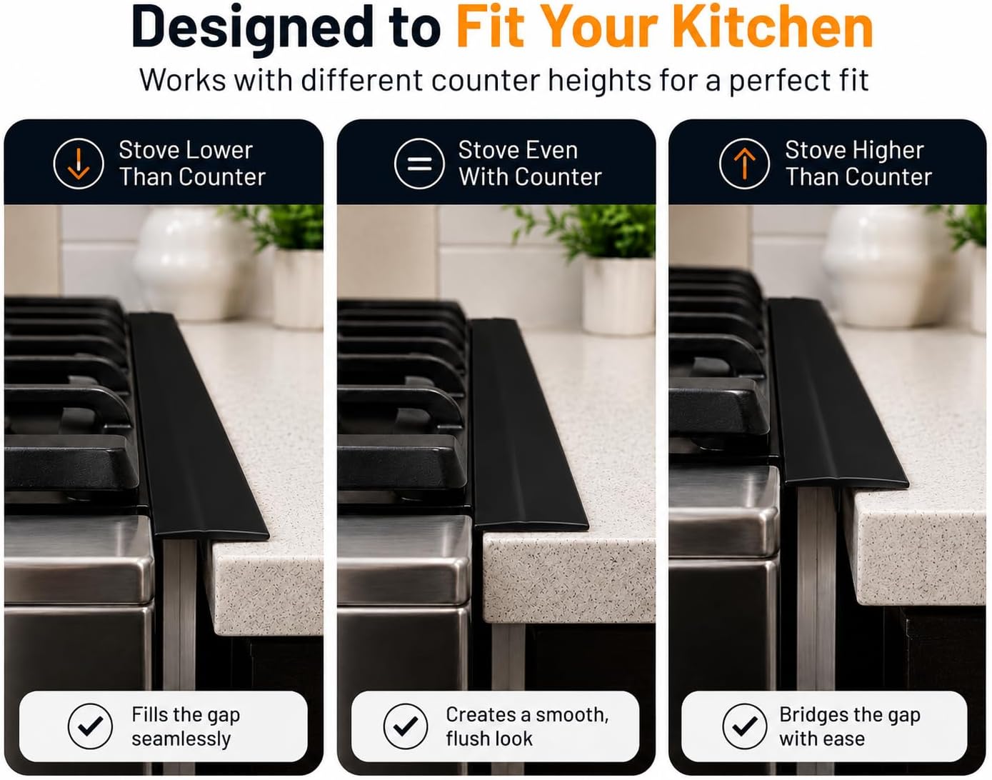 2-Pack Stove Gap Covers for Kitchen Counters 22" Silicone Gap Filler Heat Resistant Food Grade Easy Clean (Black)