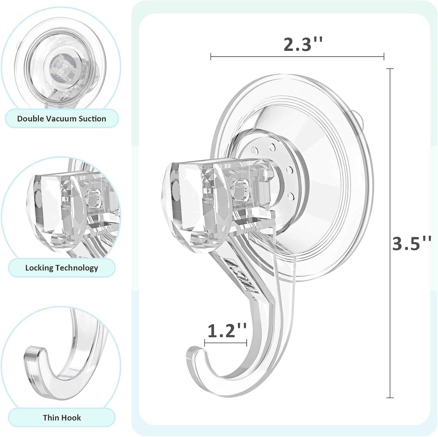 VIS'V Shower Suction Cup Hooks, Removable and Reusable, Clear, Small, 2 Pcs | Clear Invisible Design, Locking Suction Technology, Dual Vacuum Suction, Heavy Duty, Fits for Smooth Flat Surfaces