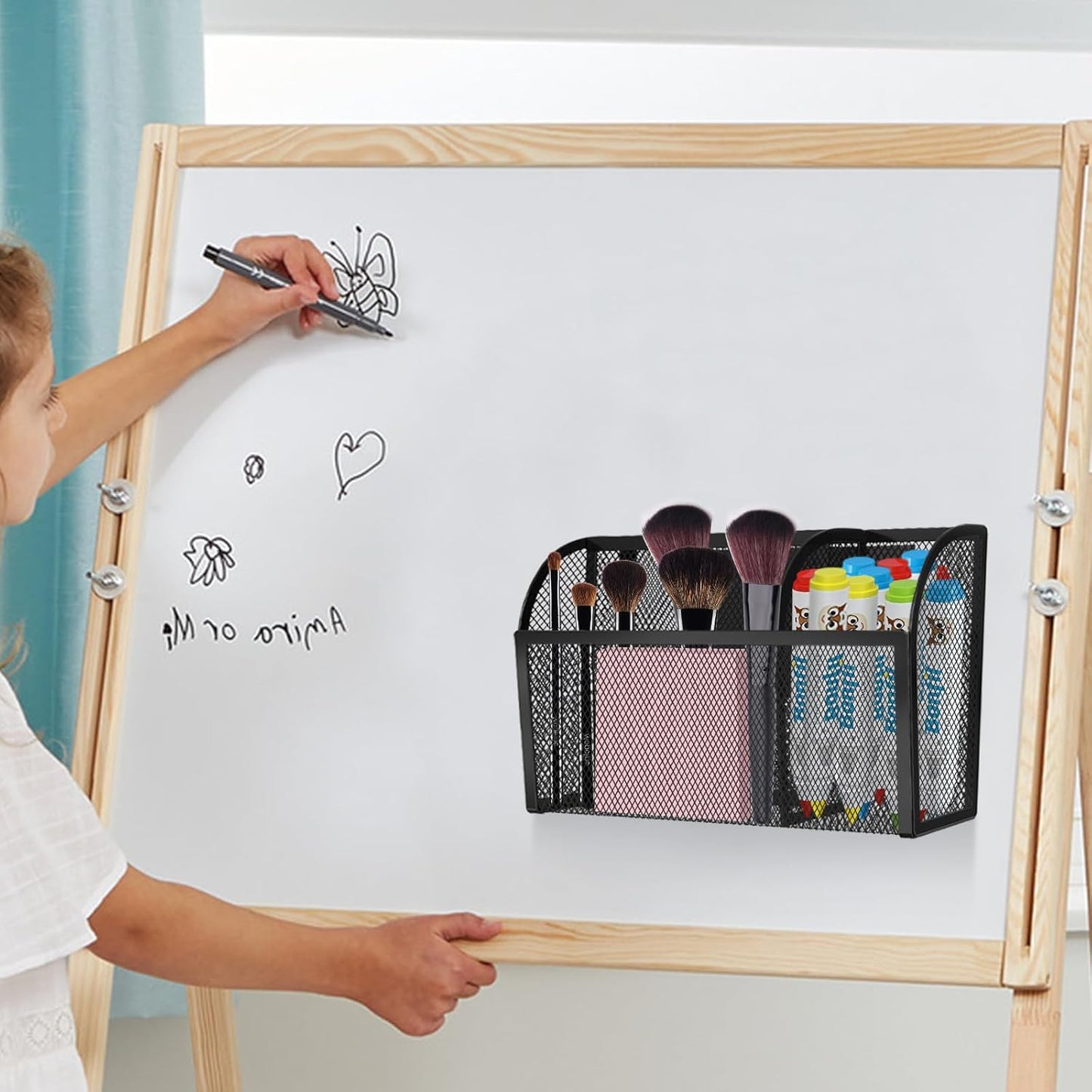 Magnetic Pencil Holder-Magnetic Basket for Fridge 3-Grid Mesh Magnetic Pen Holder for Refrigerator, Extra Strong Magnets Mesh Marker Holder Locker Accessories Organizer for Whiteboard