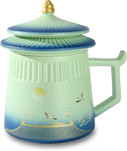 Loose Leaf Tea Cup with Infuser and Lid, 14.8oz Chinese Ceramic Mug with Fine Mesh Strainer, Office Steeping Cup for Tea Lovers Gifts