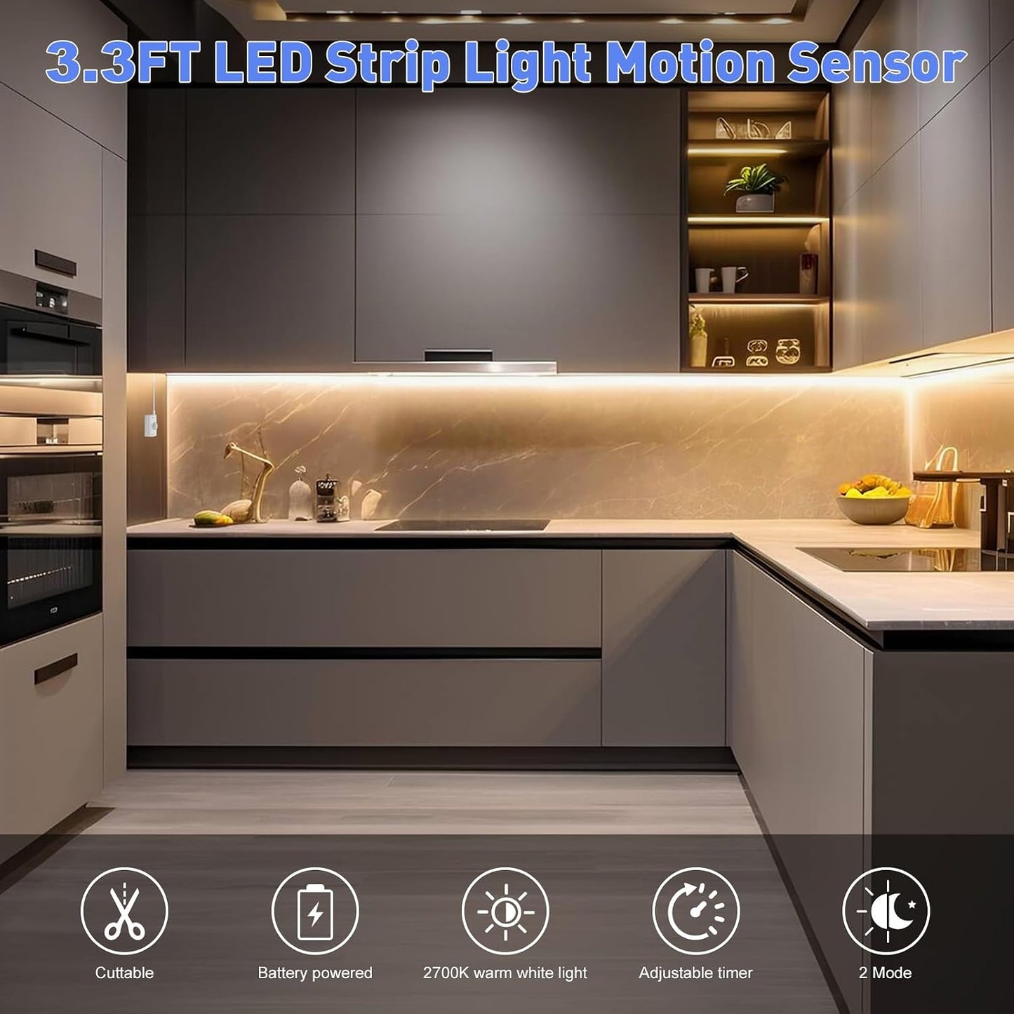 Rechargeable Motion Sensor LED Strip for Cabinet (2Pack-6.6FT, Cool White) | Motion Activated, 1500mAh Battery, Cuttable, Auto On/Off, Self-Adhesive, for Kitchen, Stairwell, Hallway, Garage, Basement