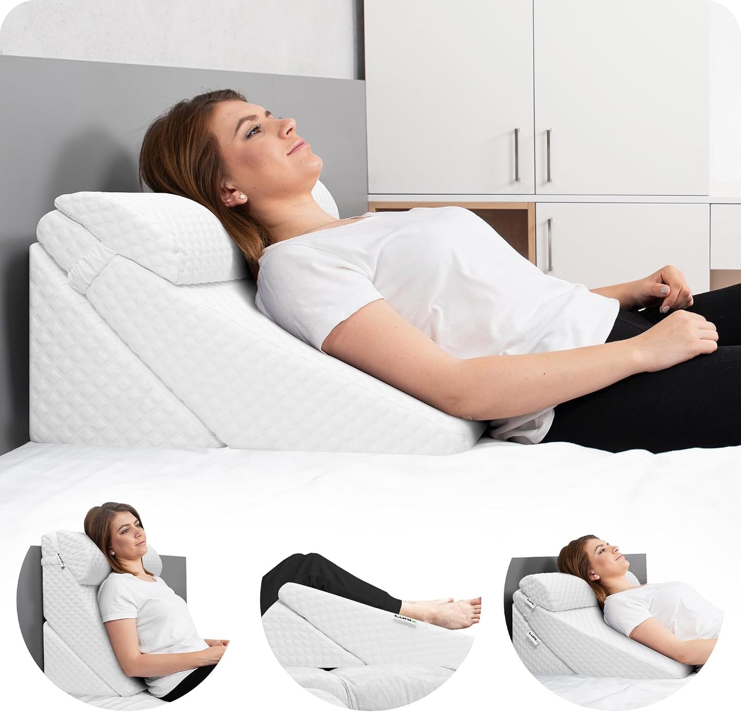 Lunix LX6 FSA 3-Piece Compact Support for Reading, Rest & Leg Elevation, Premium Odor-Free Orthopedic Bed Wedge Pillow Set, Memory Foam, Washable Cover, Pebble White