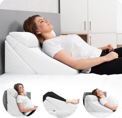 Lunix LX6 FSA 3-Piece Compact Support for Reading, Rest & Leg Elevation, Premium Odor-Free Orthopedic Bed Wedge Pillow Set, Memory Foam, Washable Cover, Pebble White