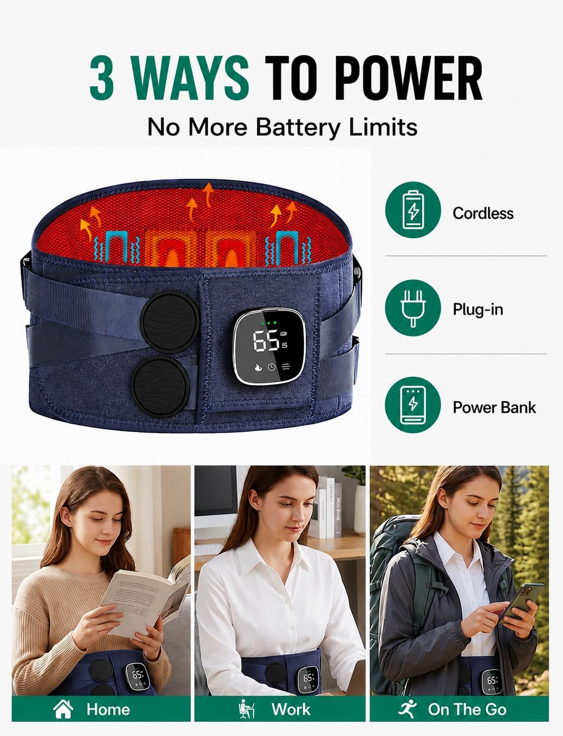 Cordless Heating Pad for Back Pain Relief with Massager, Wearable Portable Back Heating Pad with 3 Heat, 5 Vibration, Timer, Rechargeable Back Brace 47-60", 3 Ways to Power, Gift for Mom Women Men