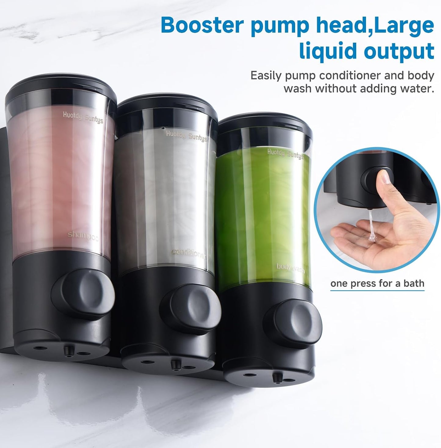 Shampoo and Conditioner Dispenser No Drill Shower Soap Dispenser Wall Mounted Shower Dispenser 3 Chamber with Upgrade Smooth Pump Head Bathroom Body Wash Soap Dispenser Set 450ml*3 Black