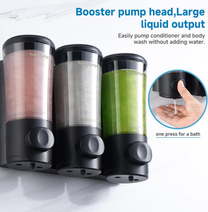 Shampoo and Conditioner Dispenser No Drill Shower Soap Dispenser Wall Mounted Shower Dispenser 3 Chamber with Upgrade Smooth Pump Head Bathroom Body Wash Soap Dispenser Set 450ml*3 Black