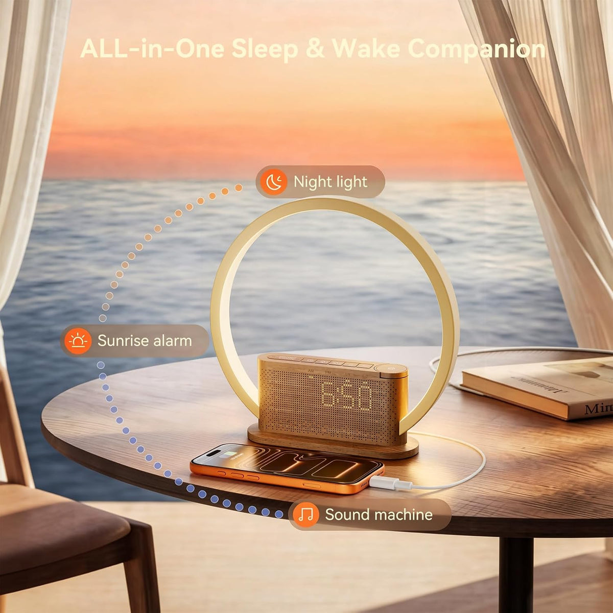 Wood Grain Alarm Clock with Sunrise Lamp & White Noise Sound Machine