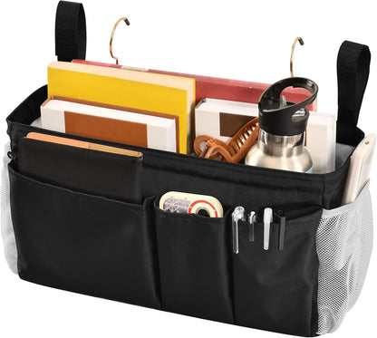 Black Bedside Caddy Storage Bag Bedside Organizer for Bed Rails College Dorm Room Organizer Caddy Hanging Shelf 6 Pockets with Hooks for Drinks Magazine Phone Holder