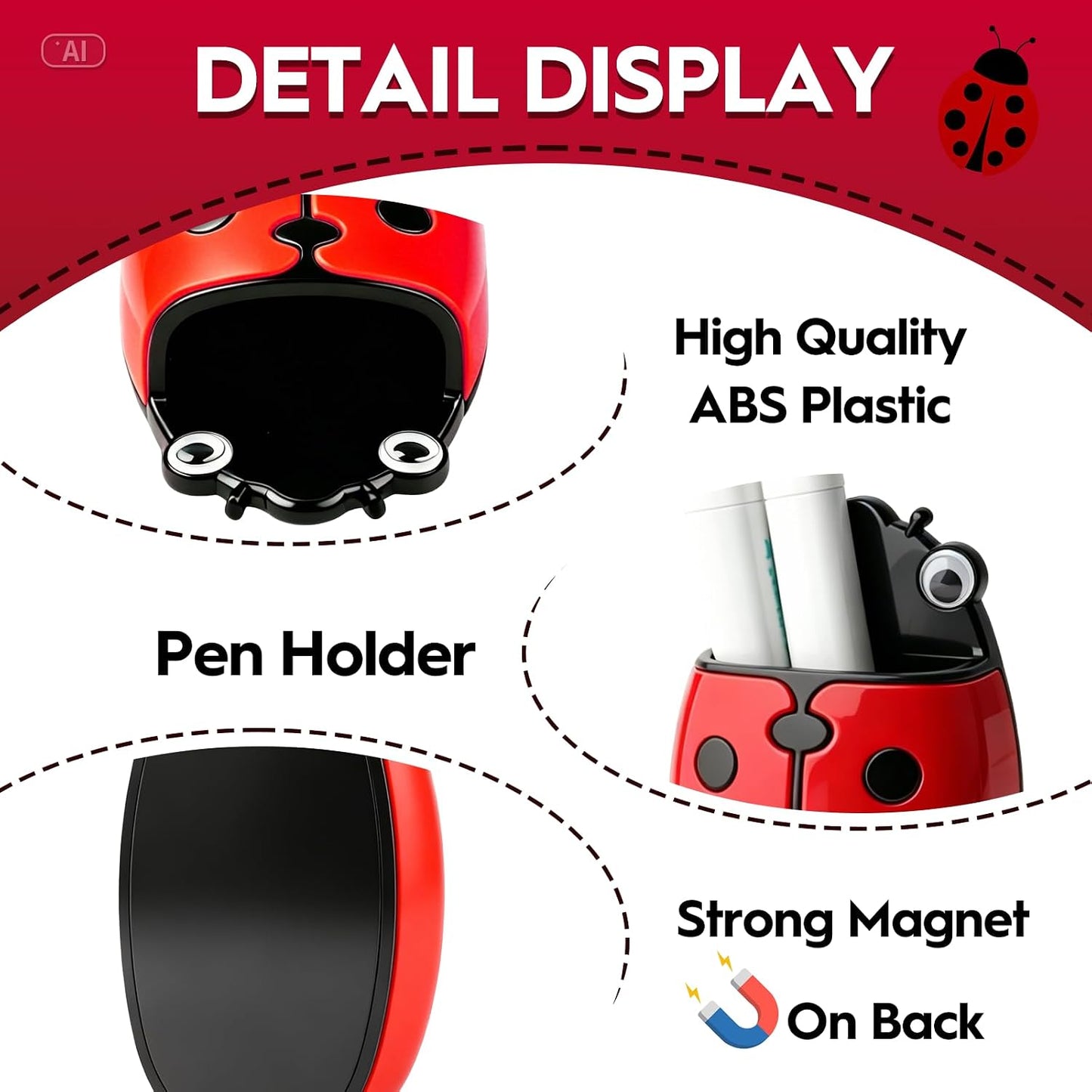 KITANIS Cute Ladybug Magnetic Pen Holder,2 Pack Magnetic Dry Erase Marker Holder,Magnet Storage Marker Pen Pencil Organizer for Refrigerator,Whiteboard,Locker Accessories