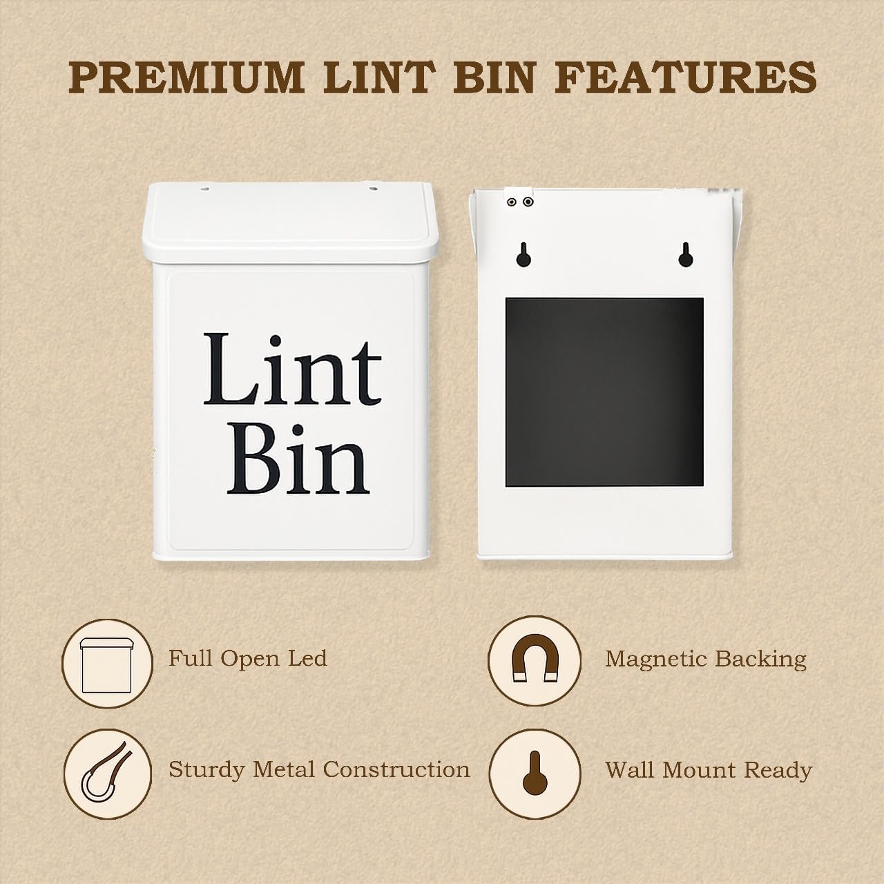 Magnetic Lint Bin for Laundry Room Organization & Storage, Wall-Mounted Dryer Lint Bin Trash Can with Lid, Lint Box Includes Brush, 2 White Hooks, 1 Black Hook, Screws & Magnet Glue (White)