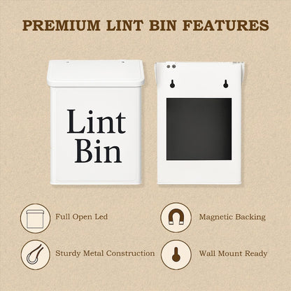 Magnetic Lint Bin for Laundry Room Organization & Storage, Wall-Mounted Dryer Lint Bin Trash Can with Lid, Lint Box Includes Brush, 2 White Hooks, 1 Black Hook, Screws & Magnet Glue (White)