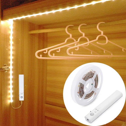 Motion Sensor LED Light Strip, 1M Closet Lights Battery Operated, 3000K Warm White for Under Cabinet Kitchen Lights, Cupboard, Counter, Stairs,Wardrobe, Under Bed Night Lighting