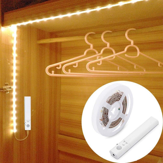 Motion Sensor LED Light Strip, 1M Closet Lights Battery Operated, 3000K Warm White for Under Cabinet Kitchen Lights, Cupboard, Counter, Stairs,Wardrobe, Under Bed Night Lighting