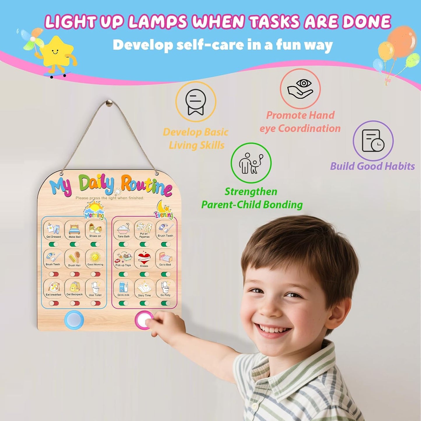 Morning Routine Chart for Toddlers, Visual Schedule Chart Planner | to Do List with 6 Tap Lights & 10 Activity Cards, Wooden Checklist Schedule Board for Kids, Autism, Preschoolers, ADHD Tools