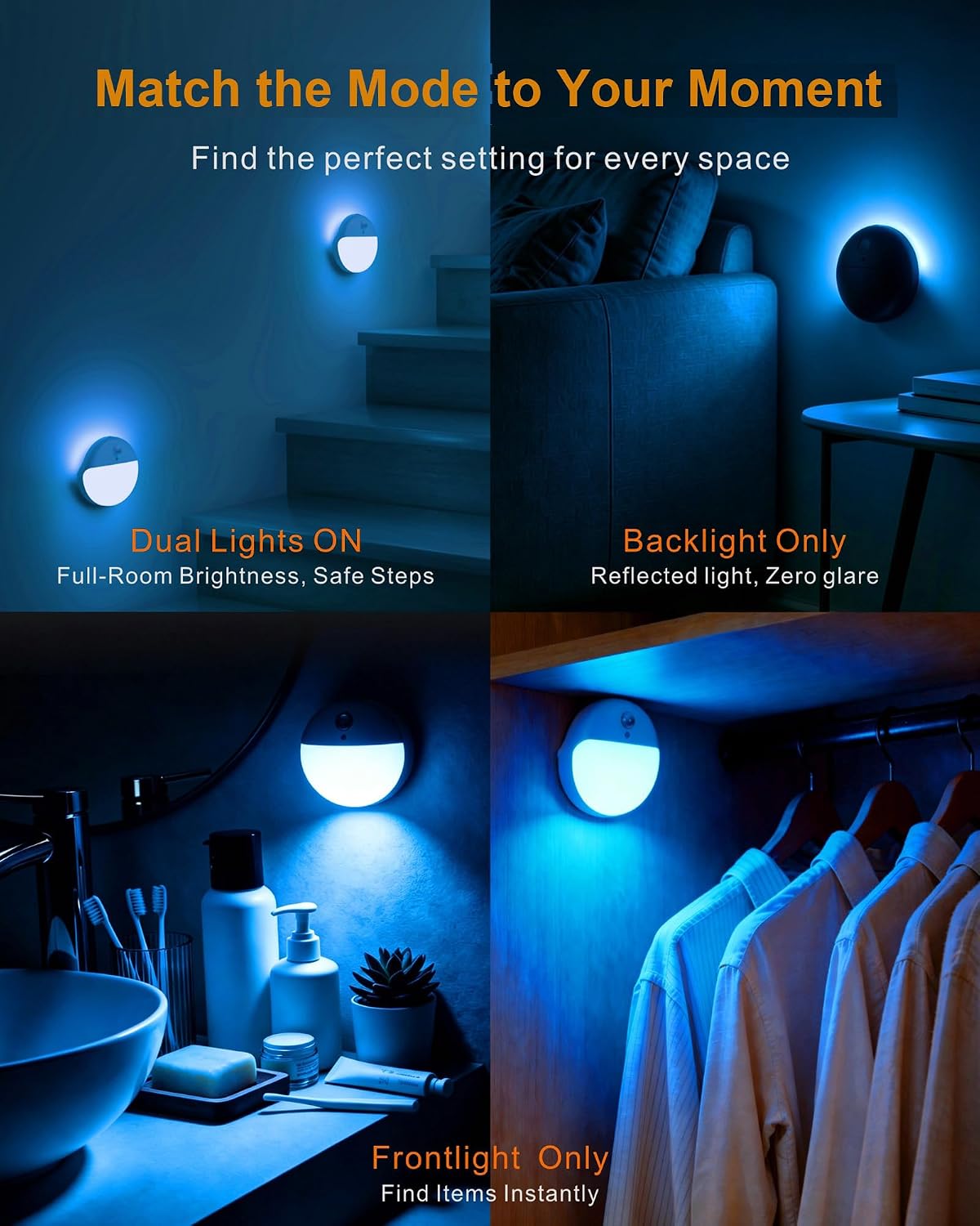 Small Motion Sensor Amber Night Light Battery Operated, Toilet Light | 2 Pack, 3 Modes, Dimmable 1-15lm, Dim Light Soft Glow, No Plug, Wireless Stick on Light for Bedroom, Sleep, Bathroom, Kids