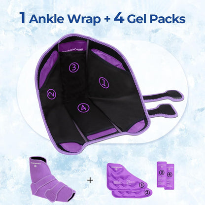 KingPavonini Ankle Foot Ice Pack Wrap, XL, Blue, 1 Wrap + 4 Gel Packs