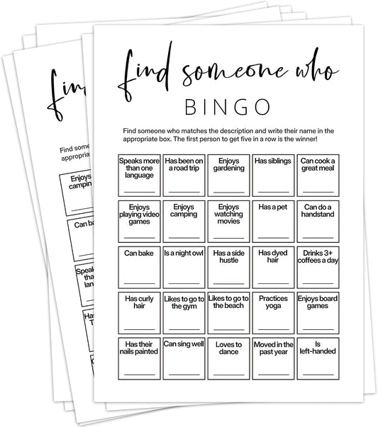 Find Someone Who Bingo Cards, 25 Unique 5x7 Sheets, Get to Know You Activity, Team Building Games for Work, Ice Breakers Games for Office Party-A04
