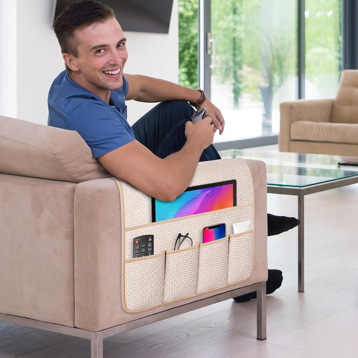 Remote Control Holder Couch Caddy, Armchair Caddy for Recliner 5 Pockets | TV Remote Holder Couch Armrest for Bed Storage with 5 Pockets, Remote Caddy Bedside Table Organizer (Light Gray,35''x13'')