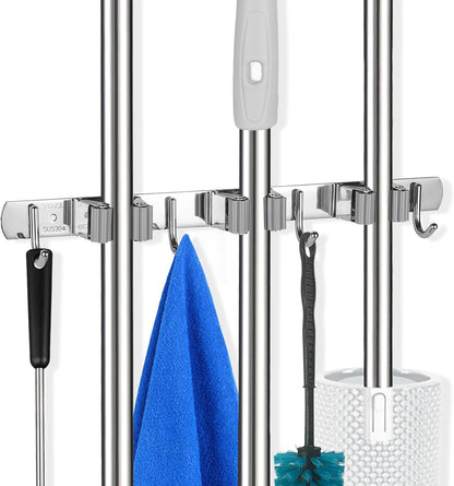 voze 5 Racks and 4 Hooks Mop and Broom Holder Wall Mount, Self Adhesive Heavy Duty Broom Hanger Organizer Storage Tool Racks for Kitchen Garden Laundry Garage